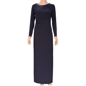 Long Sleeve blue Evening Maxi Dress with Embellished Neckline #115